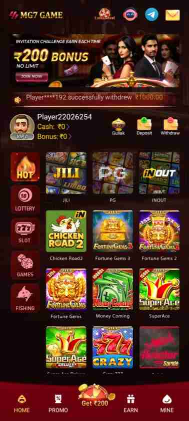 MG7 Game mobile gameplay screen with colorful graphics and betting options
